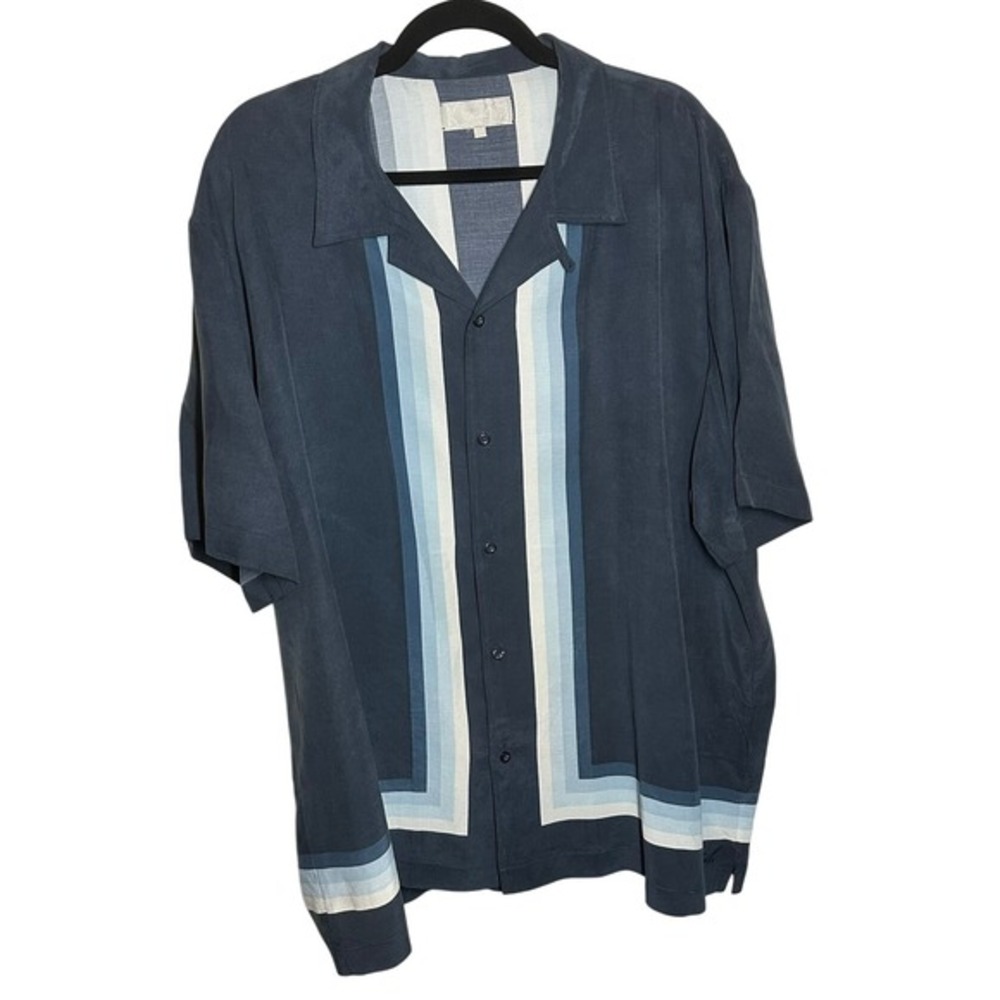 Kith Men Border Stripe Thompson Camp Collar Shirt Navy Blue Stripe Button Up Set